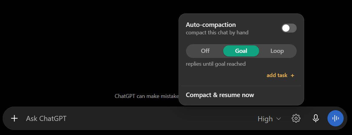 The composer sheet in Chat On Steroids with Auto-compaction, and the Off, Goal and Loop modes.
