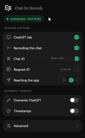 The Chat On Steroids extension popup showing Connected, the ChatGPT tab detected, and the chat being recorded.