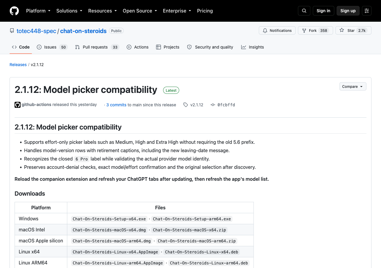 The release page on GitHub, showing the download table with one file per platform.