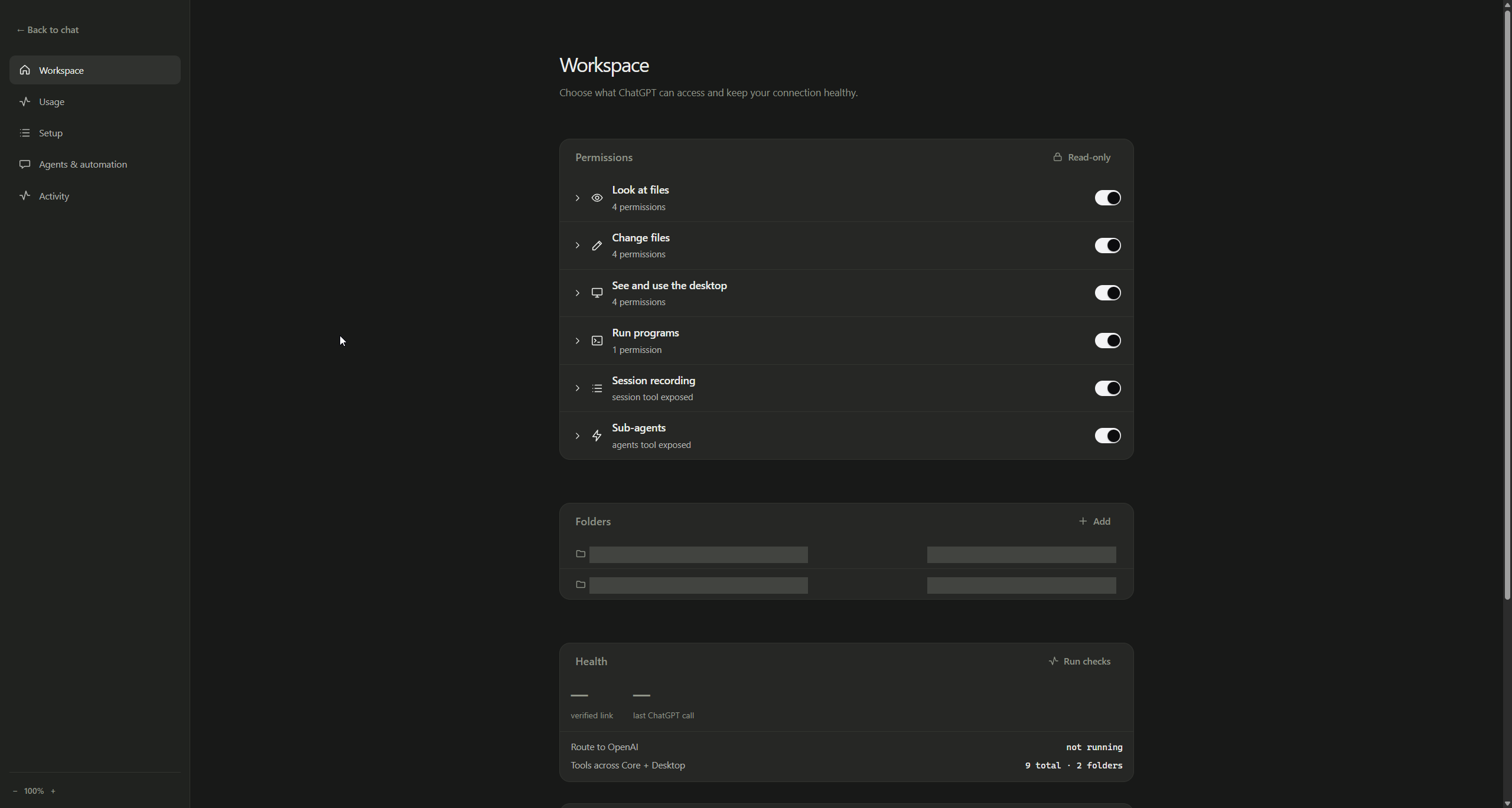 Chat On Steroids Workspace settings, with permission groups on toggles, a Folders list, and a Health panel.