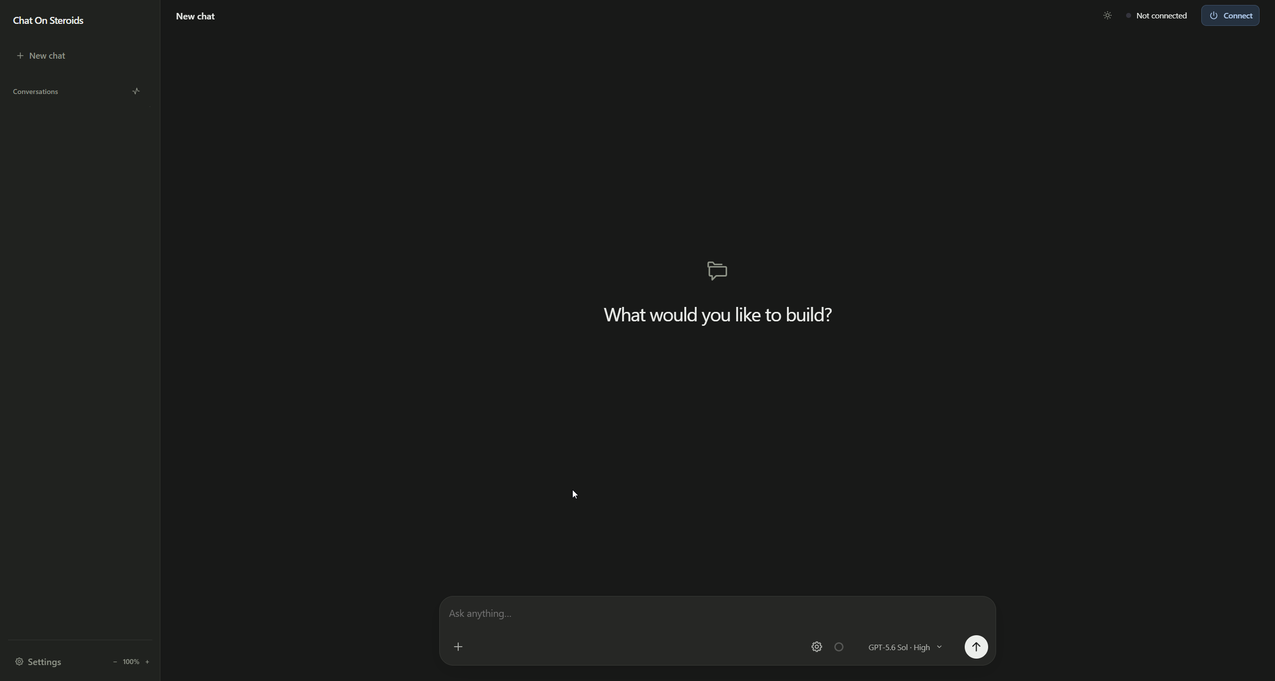 The Chat On Steroids chat view, with a project selected and the model picker in the bottom right.